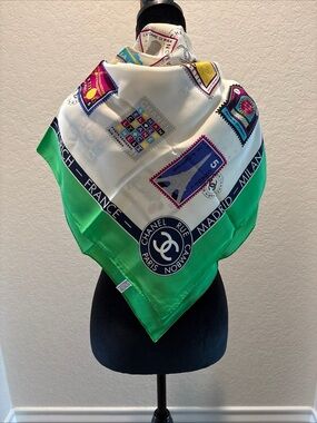 Chanel World Stamps Print 100% Silk Scarf